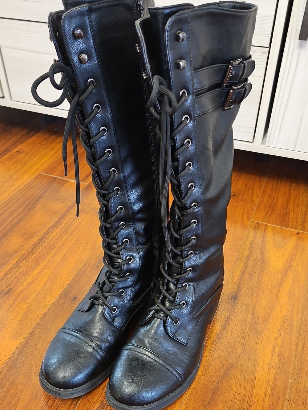 Classic Black Lace-Up Knee-High Boots with Buckle Detail